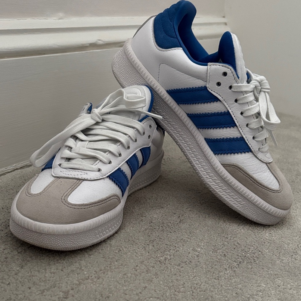 adidas White and Blue Low-Top Athletic Sneakers